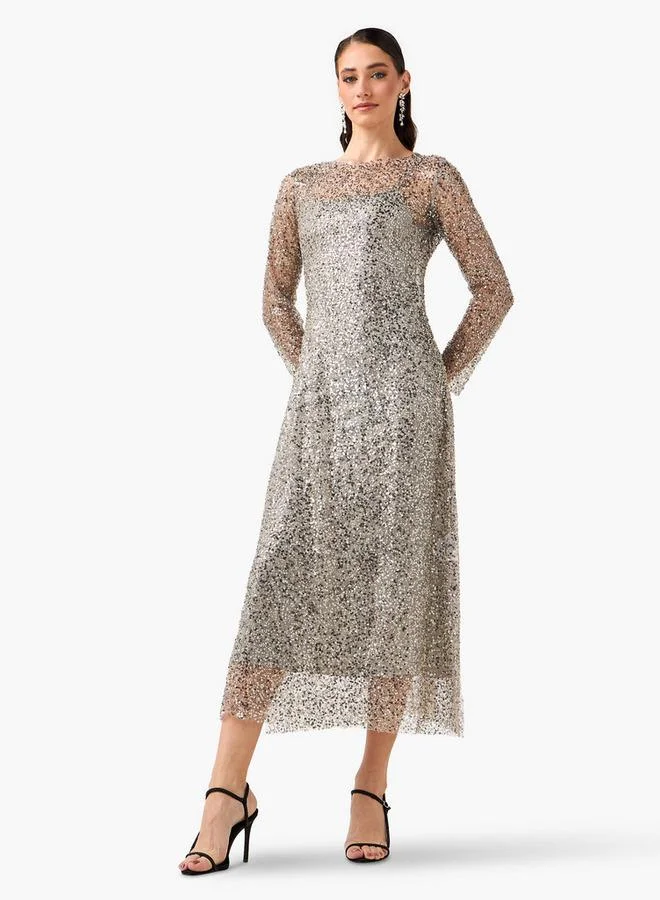 ايكونيك Iconic Embellished Sequin Party Dress with Long Sleeves
